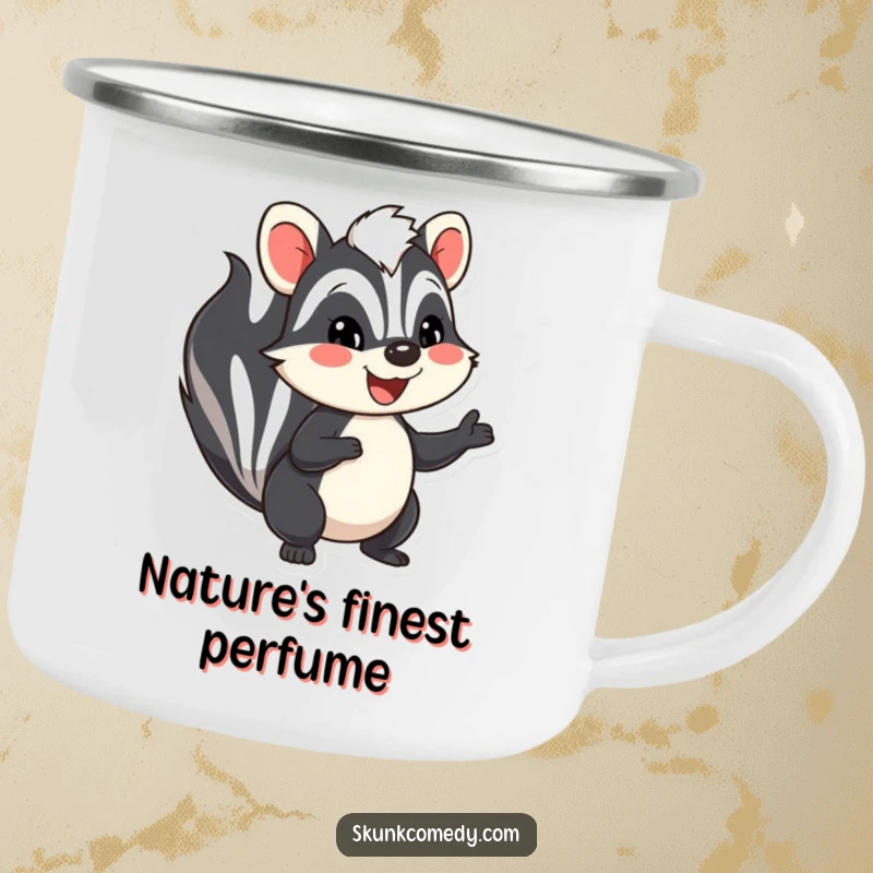 Funny skunk camping mug, a happy skunk with a big smile waving, ideal for outdoor adventures and as a funny gift.