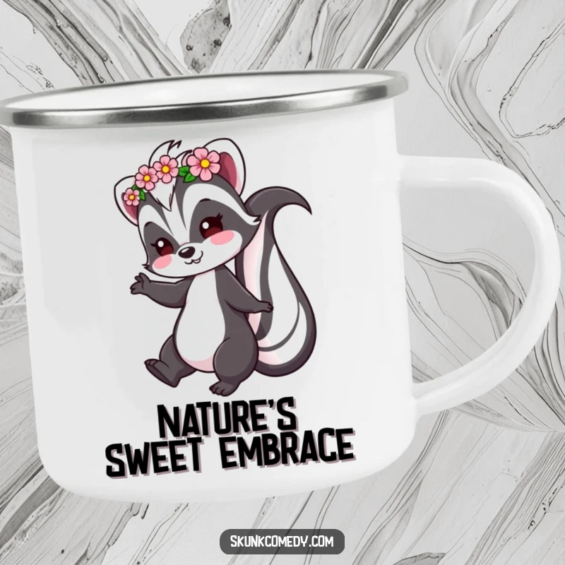 Funny Skunk Camping Mug with a skunk in a flower crown, playfully twirling, perfect for outdoor enjoyment.