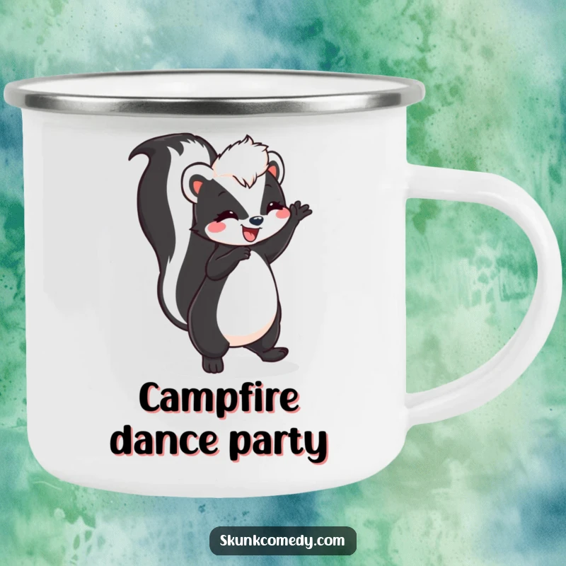 Funny skunk doing a joyful dance with its tail high on a rugged enamel camping mug, perfect for happy outdoor moments.