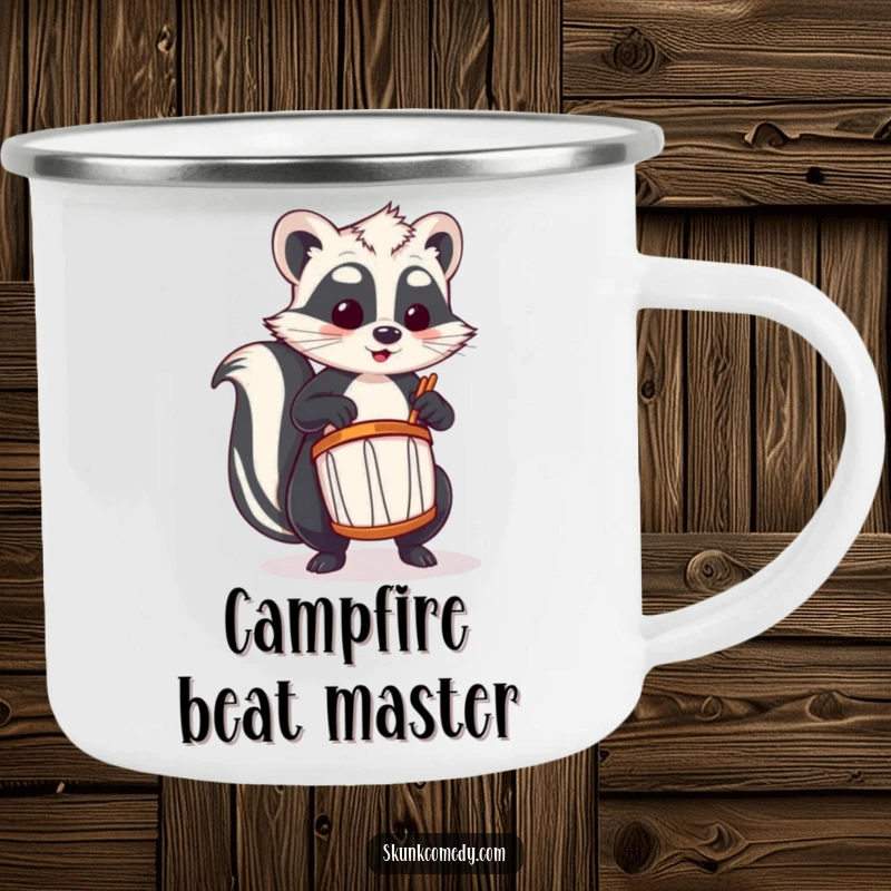 Funny skunk camping mug depicting a skunk enthusiastically playing a tiny drum, ideal for outdoor music fans.
