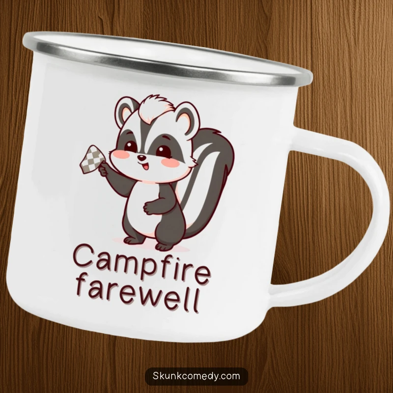 Funny skunk camping mug depicting a skunk enthusiastically waving a checkered handkerchief, a humorous and durable drinkware for farewells.