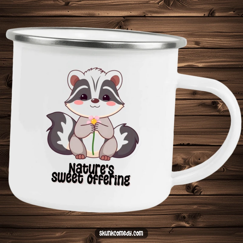 Funny camping mug with a shy skunk offering a flower, designed for durability and bringing a sweet, humorous spirit to outdoor activities.