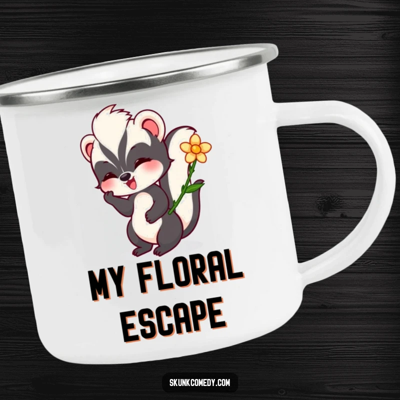 Funny skunk camping mug showing a happy skunk twirling a flower, ideal for enjoying beverages during outdoor excursions.