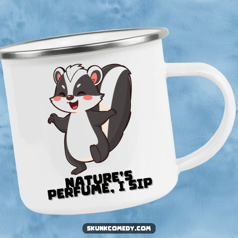 Funny skunk camping mug, a skunk doing a joyful jig with its striped tail held high, for outdoor dance breaks.