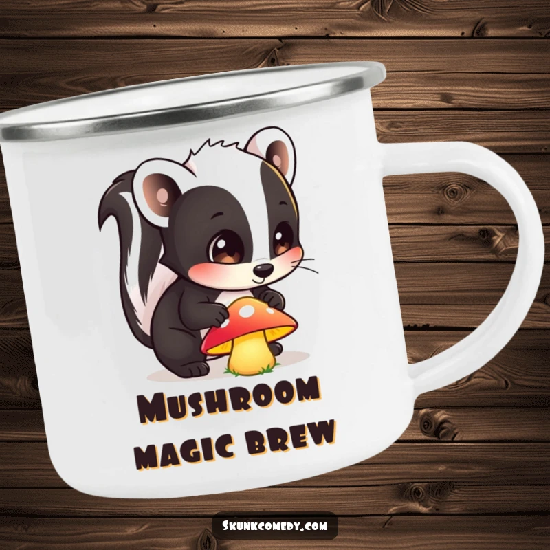 Funny enamel camping mug with a curious skunk with wide eyes sniffing a glowing mushroom, bringing forest enchantment outdoors.
