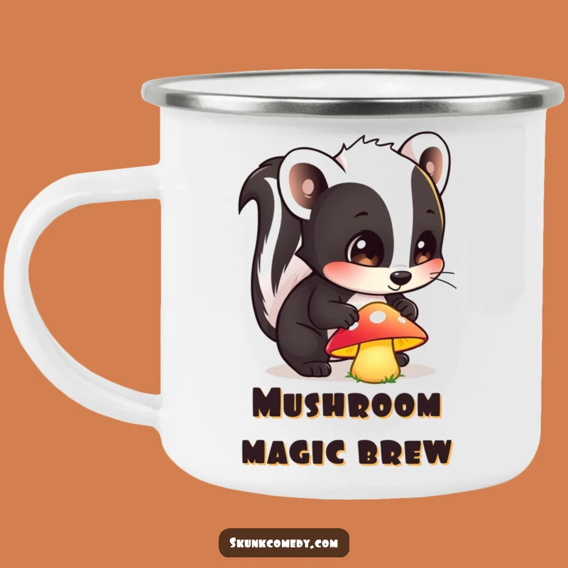 Funny Skunk Mushroom Camping Mug: Enchanted Forest Enamel Cup, Hilarious Outdoor Gift