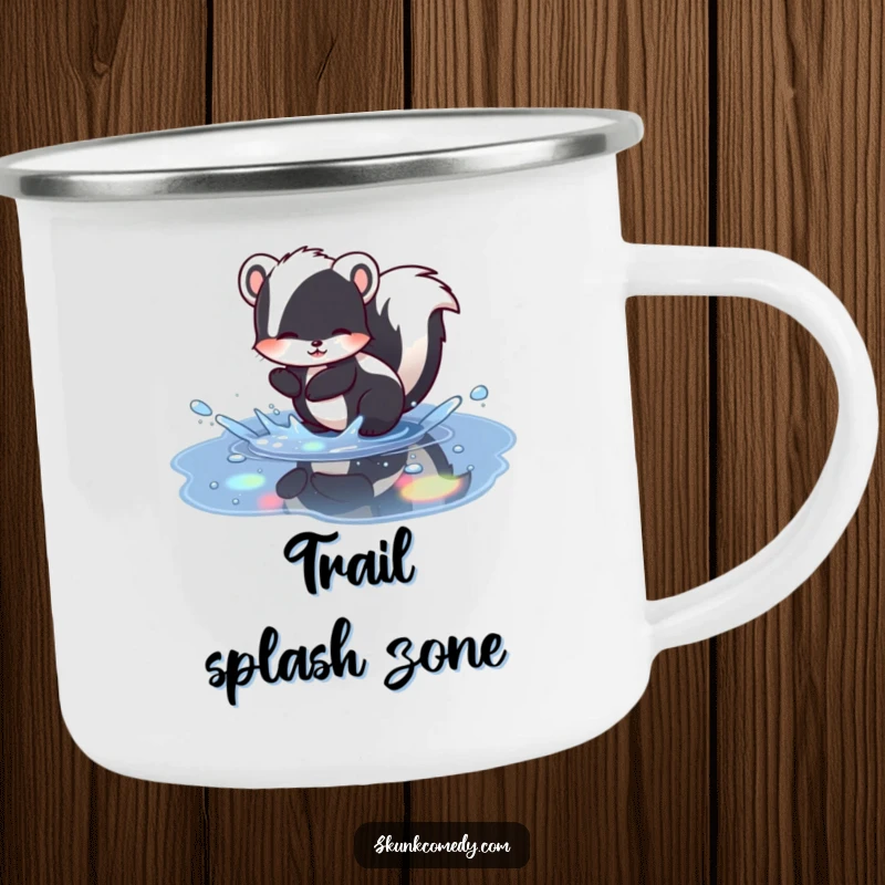 Funny skunk camping mug depicting a skunk splashing in a puddle with vibrant rainbow reflections, a humorous and sturdy drinkware.