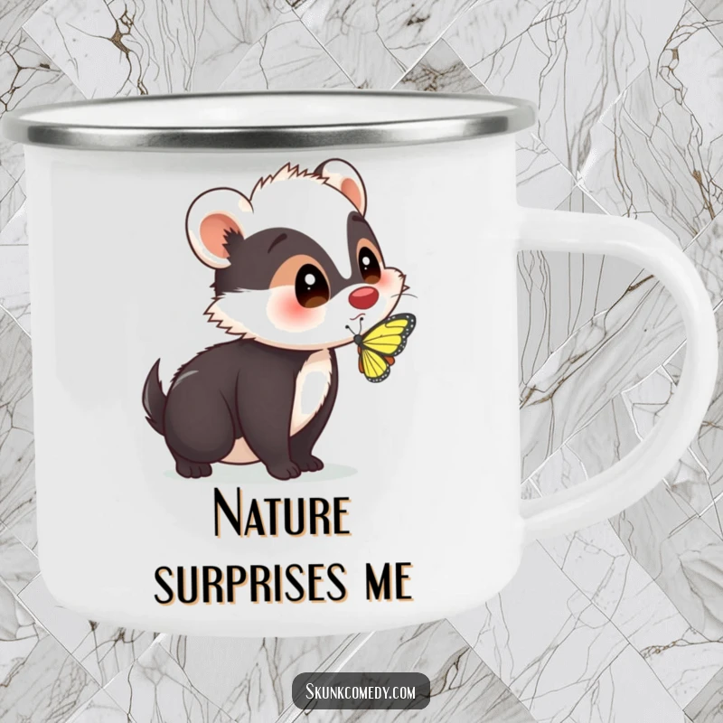 Funny skunk with a surprised expression as a butterfly lands on its nose on a rugged enamel camping mug, perfect for nature appreciation.