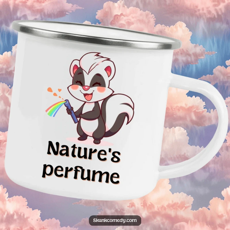 Funny skunk camping mug, cheerfully spraying a rainbow, durable and humorous mug for outdoor adventures.