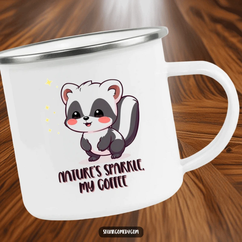 Funny Kawaii Skunk camping mug showing a cute skunk emitting tiny, harmless sparkles of joy, perfect for enjoying drinks outdoors.