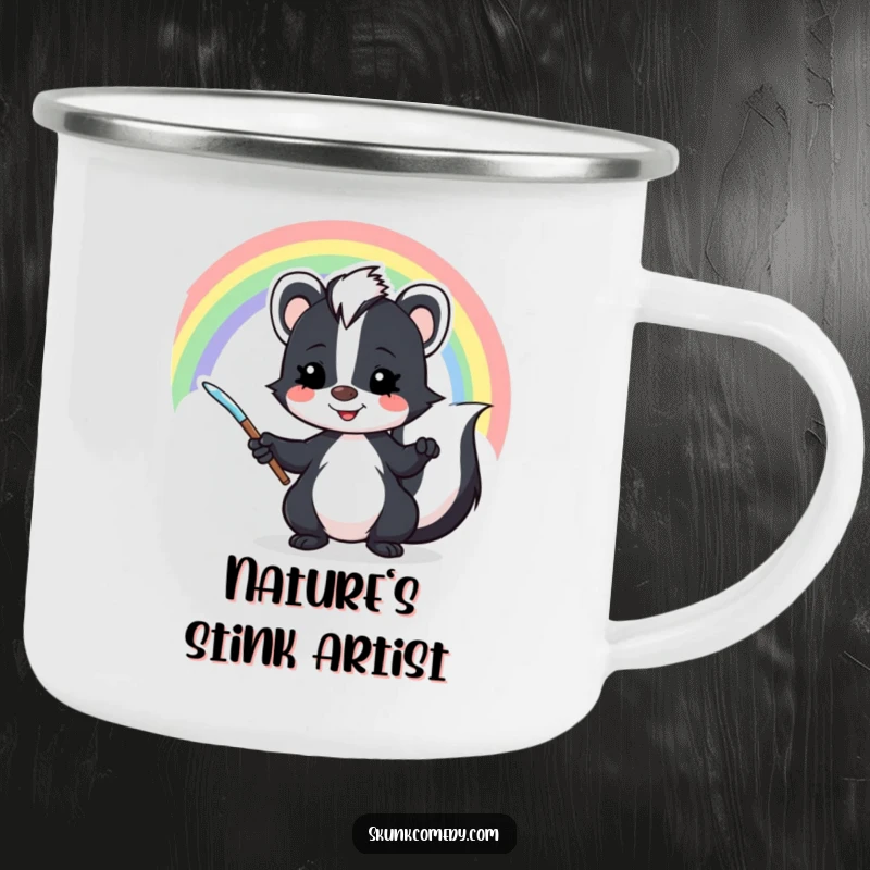 Funny skunk camping mug showcasing a mischievous skunk artist painting a rainbow, ideal for outdoor beverages and cheerful moments.