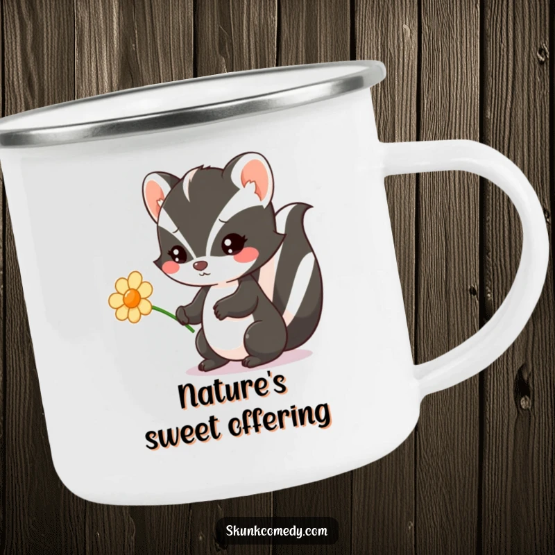 Funny Kawaii Skunk camping mug featuring a skunk offering a flower, perfect for enjoying drinks outdoors with adorable charm.