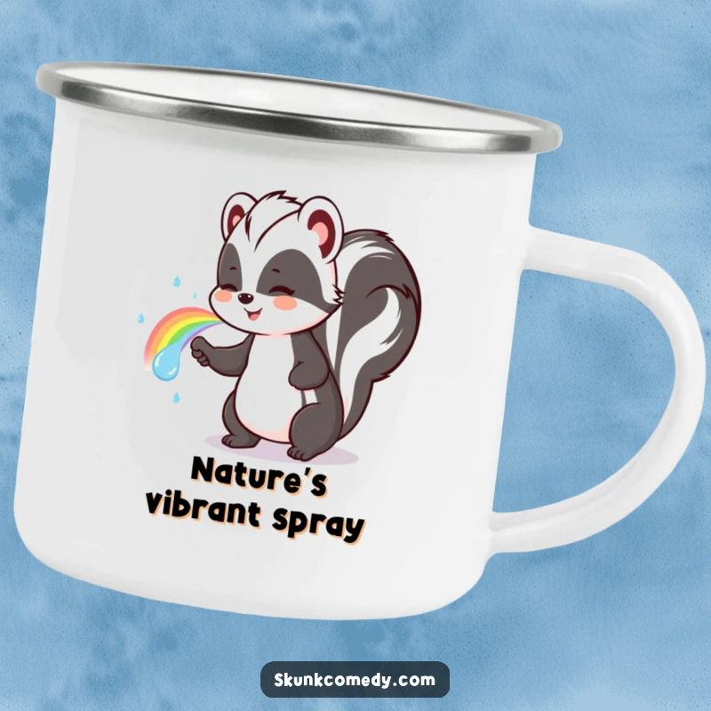Funny skunk camping mug depicting a cute skunk spraying a rainbow, perfect for outdoor enthusiasts.