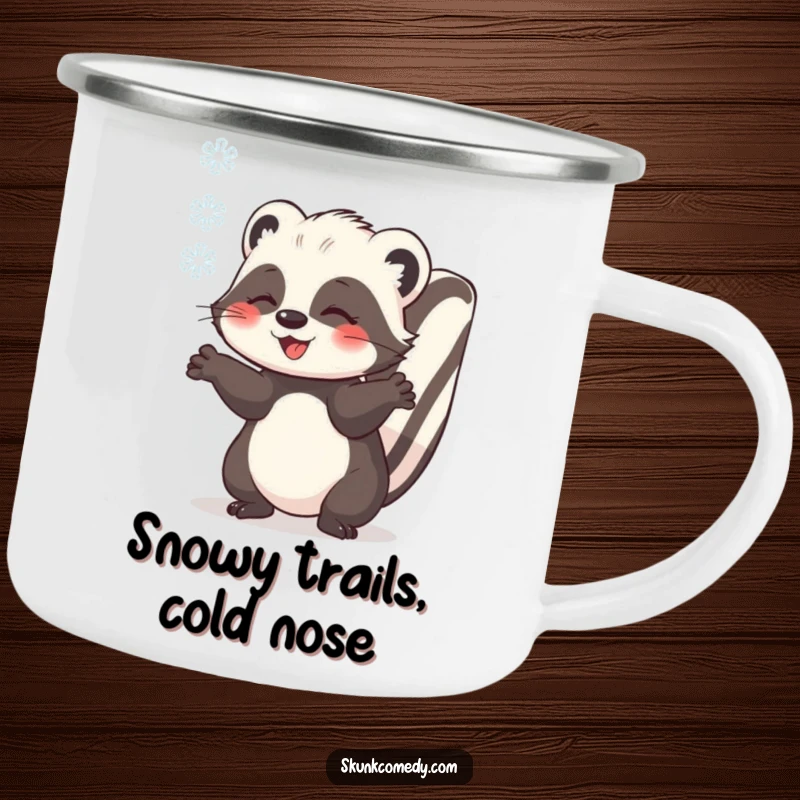 Funny skunk catching a snowflake with outstretched paws, enamel camping mug, cute winter design, humorous outdoor gear.