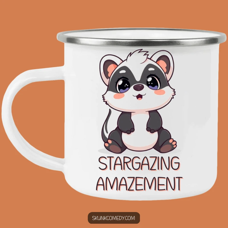 Durable Funny Kawaii Skunk Camping Mug: Surprised gaze, a rugged funny gift for outdoor wonder.
