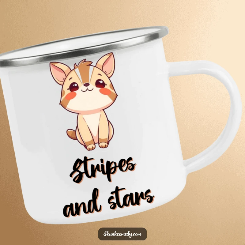 Funny camping mug showcasing a bold striped animal character looking upwards with wonder, perfect for enjoying drinks outdoors with a sense of adventure.