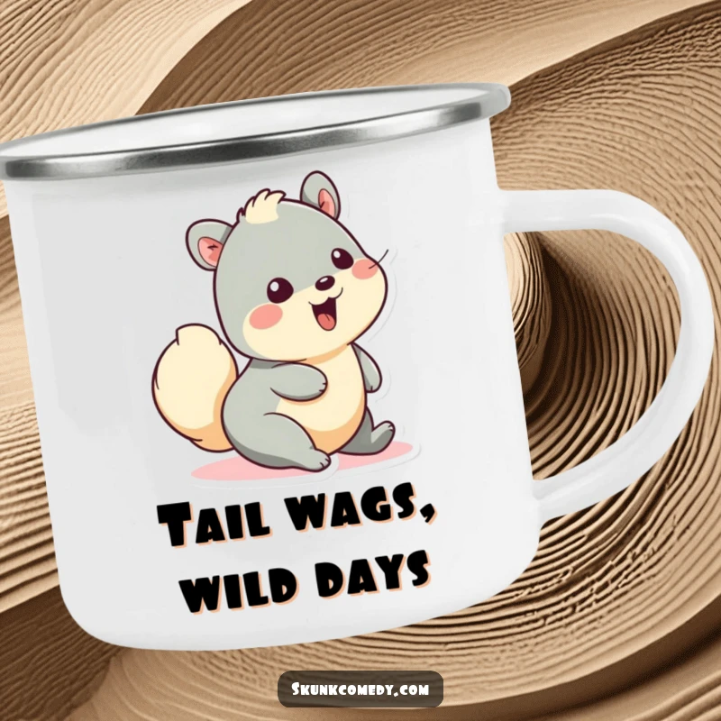 Funny camping mug showcasing a creature wiggling its fluffy tail with pure delight, perfect for hot drinks by the campfire with a happy vibe.