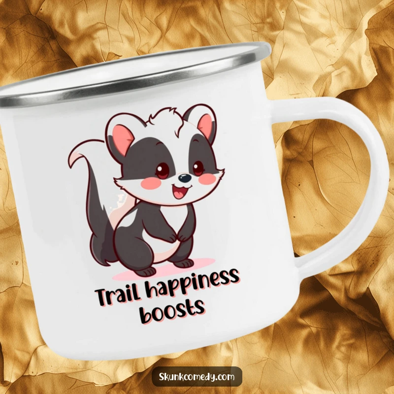 Funny Kawaii Skunk Camping Mug with a cheerful skunk and a happy tail wag, perfect for outdoor adventures and gifting joy.