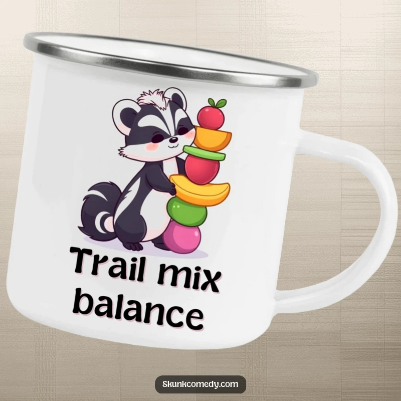 Funny skunk camping mug featuring a skunk precariously balancing a tower of fruits, a humorous and durable drinkware for outdoor fun.