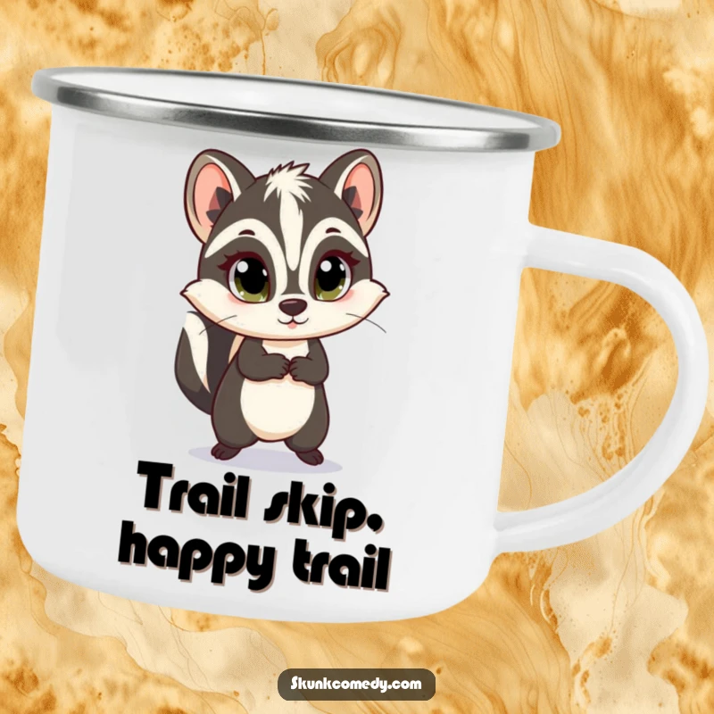 Funny skunk camping mug featuring a skunk with innocent eyes doing a little skip, perfect for outdoor enjoyment.
