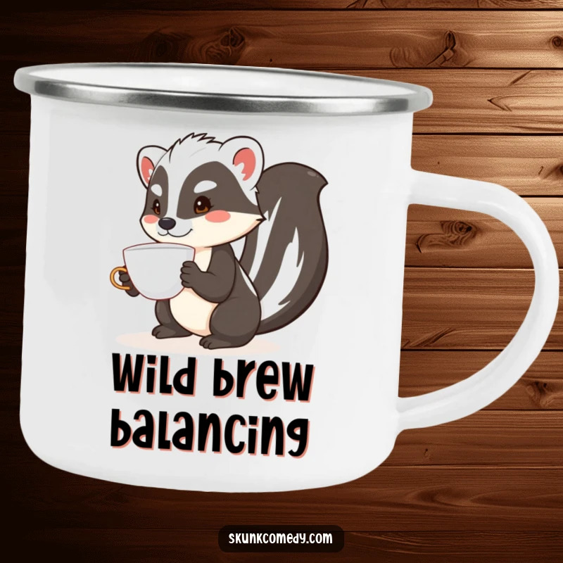 Funny skunk camping mug showcasing a skunk balancing a teacup on its nose, ideal for outdoor enthusiasts.