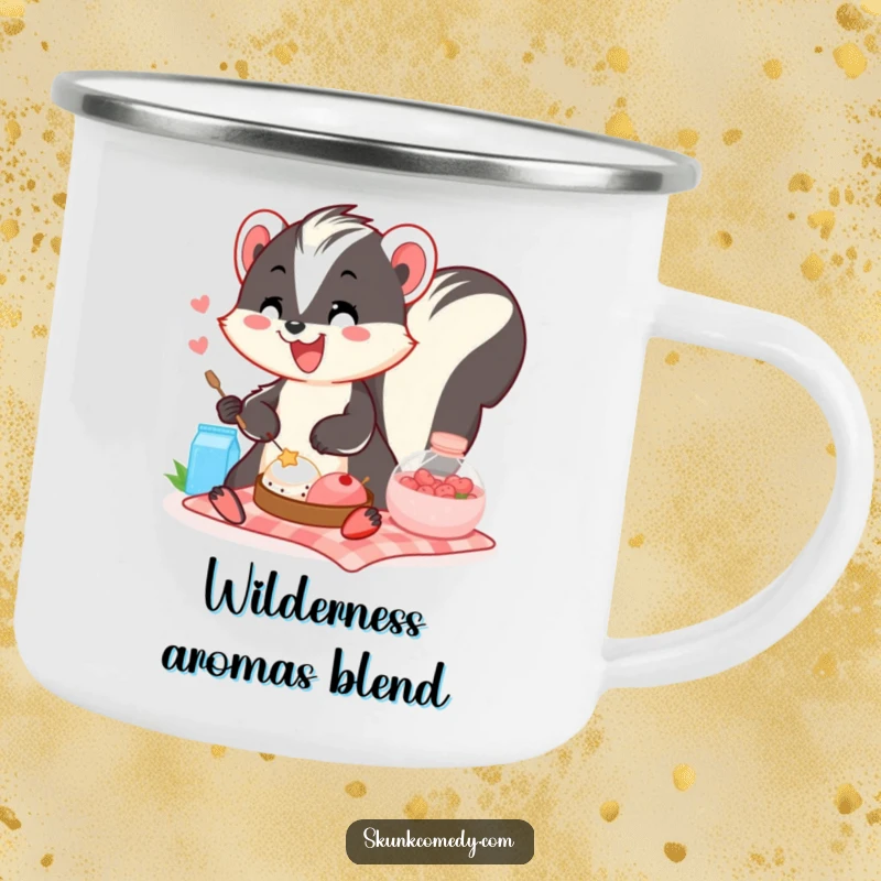 Funny skunk picnic camping mug showing a smiling skunk enjoying an outdoor meal, durable and humorous.