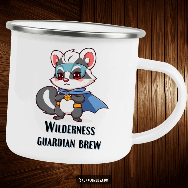 Funny skunk camping mug showing a skunk as a superhero with a cape, ready for outdoor adventures.
