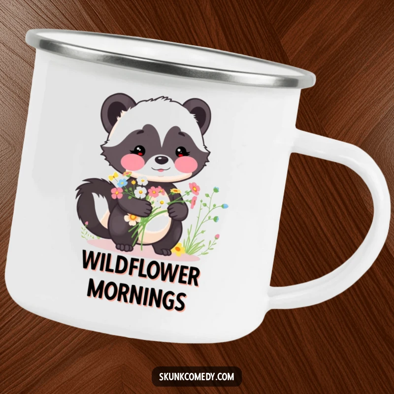 Funny skunk camping mug, rosy cheeks, holding a bouquet of wildflowers, durable and charming for outdoor use, a perfect funny gift.