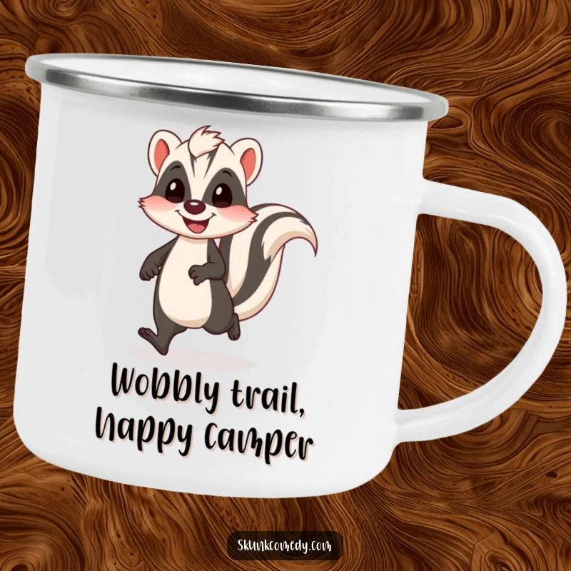 Funny skunk camping mug featuring a skunk doing a funny, wobbly walk with a happy bounce, perfect for outdoors.