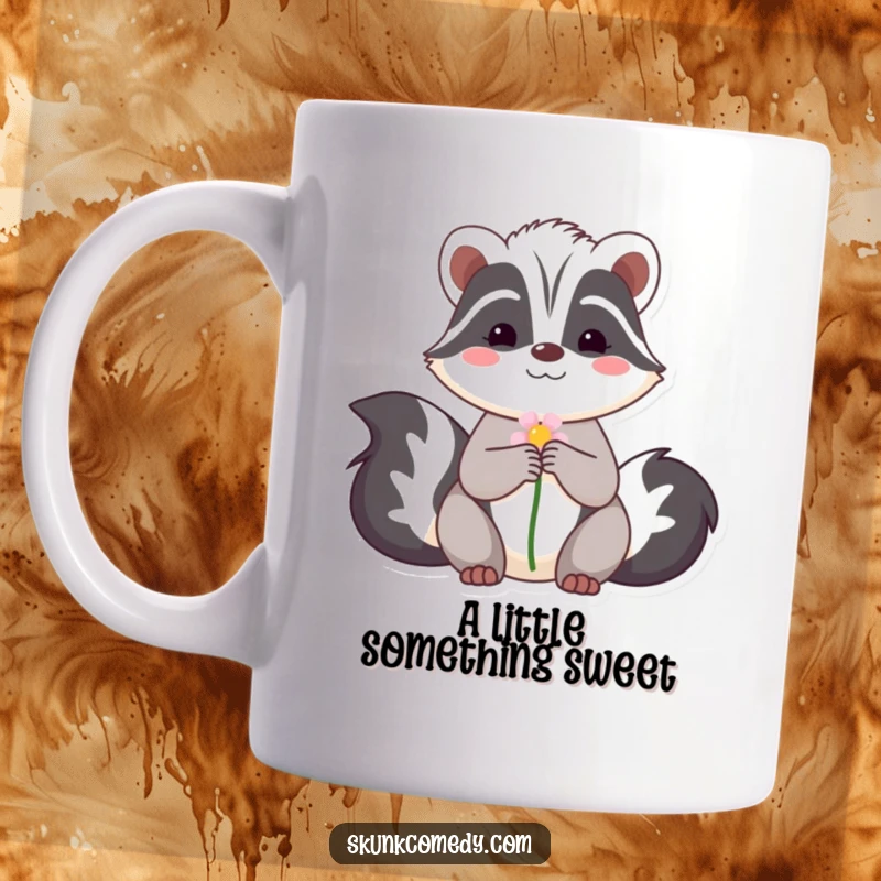 Funny mug featuring a shy skunk offering a flower with a gentle smile, embodying sweet gestures and endearing awkwardness for animal lovers.
