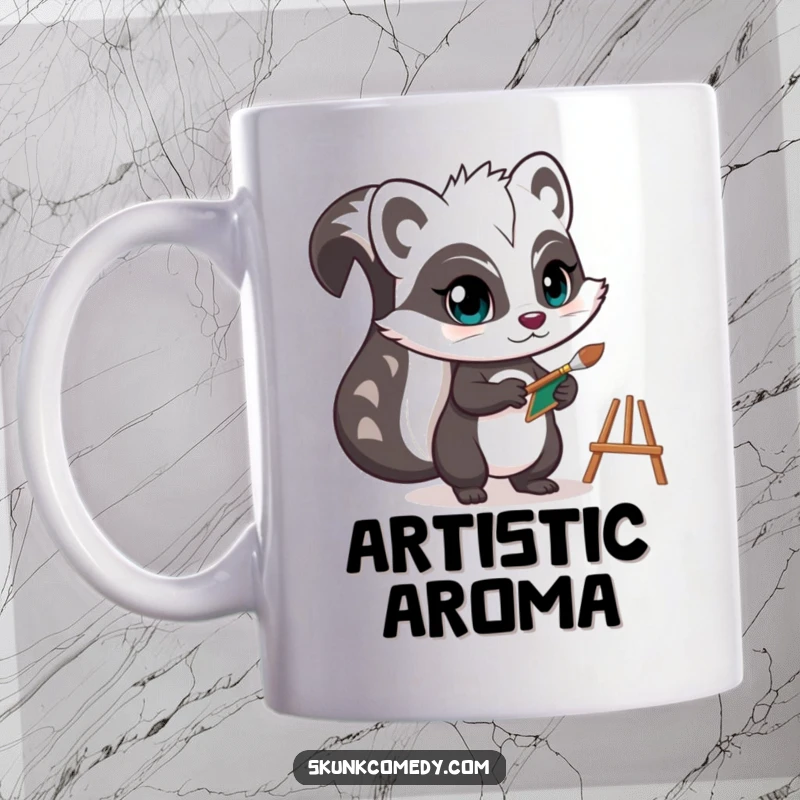 Funny skunk mug showing a determined artist skunk holding a tiny paintbrush and easel, ready to create a masterpiece.