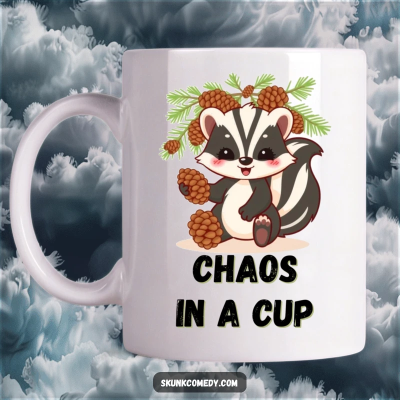Funny skunk mug, playfully juggling pinecones with a focused expression, perfect for outdoor lovers.