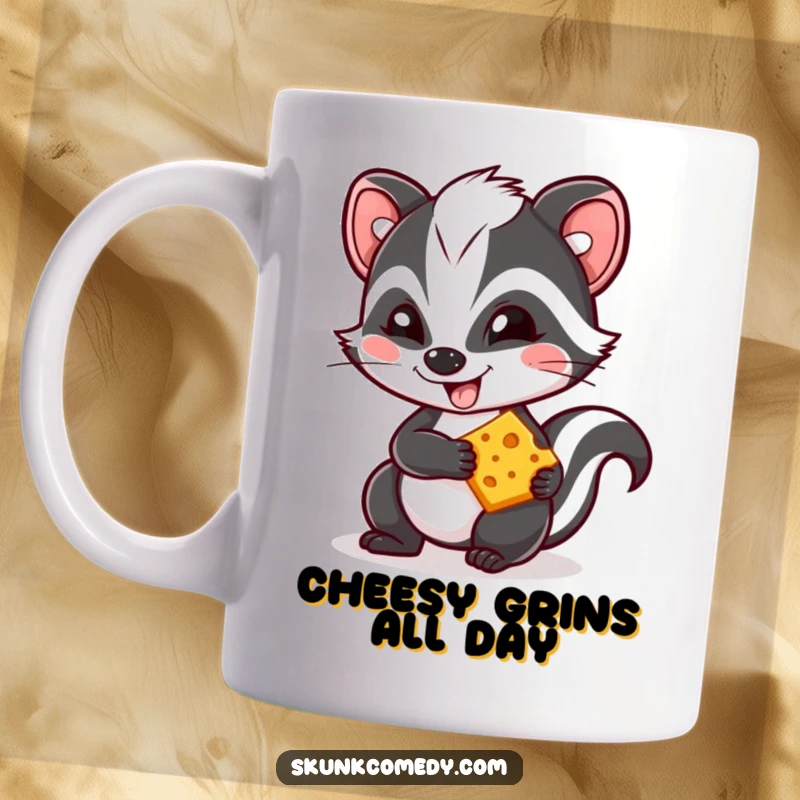 Funny Kawaii skunk mug with a mischievous grin, holding a delicious piece of cheese, embodying cuteness and humor.