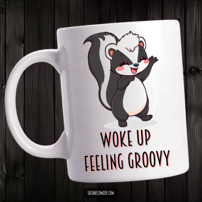 Funny skunk doing a joyful dance with its tail held high on a ceramic mug, radiating pure happiness.
