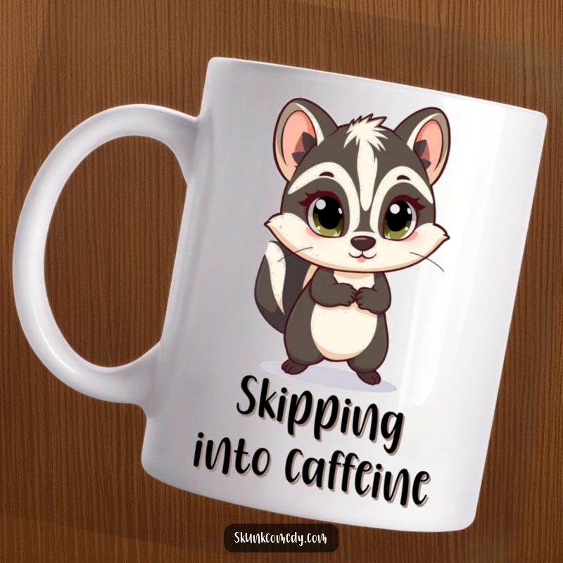 Funny skunk mug featuring a skunk with wide, innocent eyes joyfully doing a little skip, radiating pure happiness.