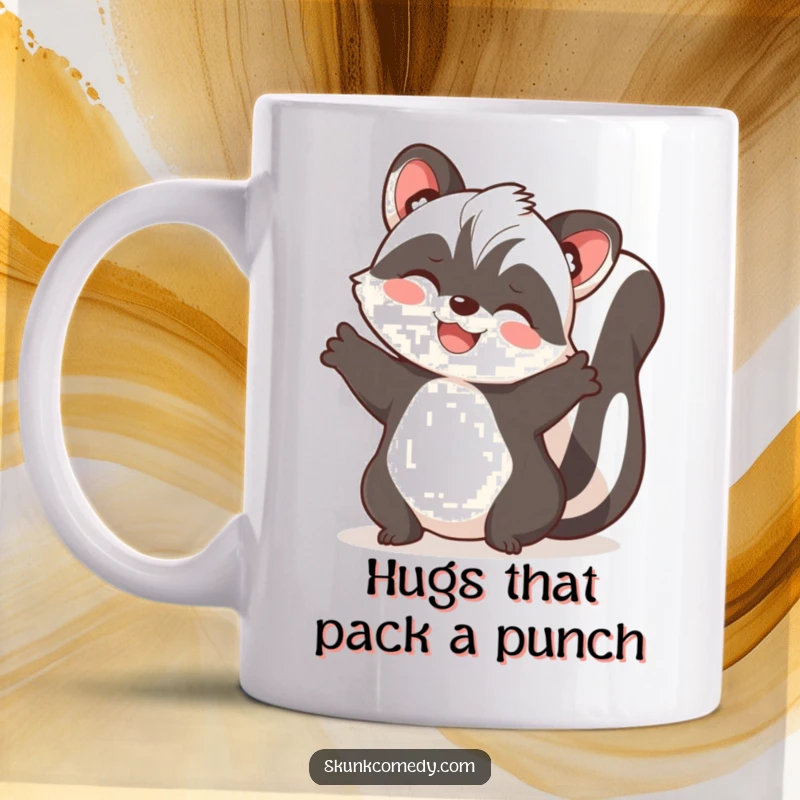 Funny skunk mug featuring a joyful skunk with paws spread wide, ready for a big, warm embrace.