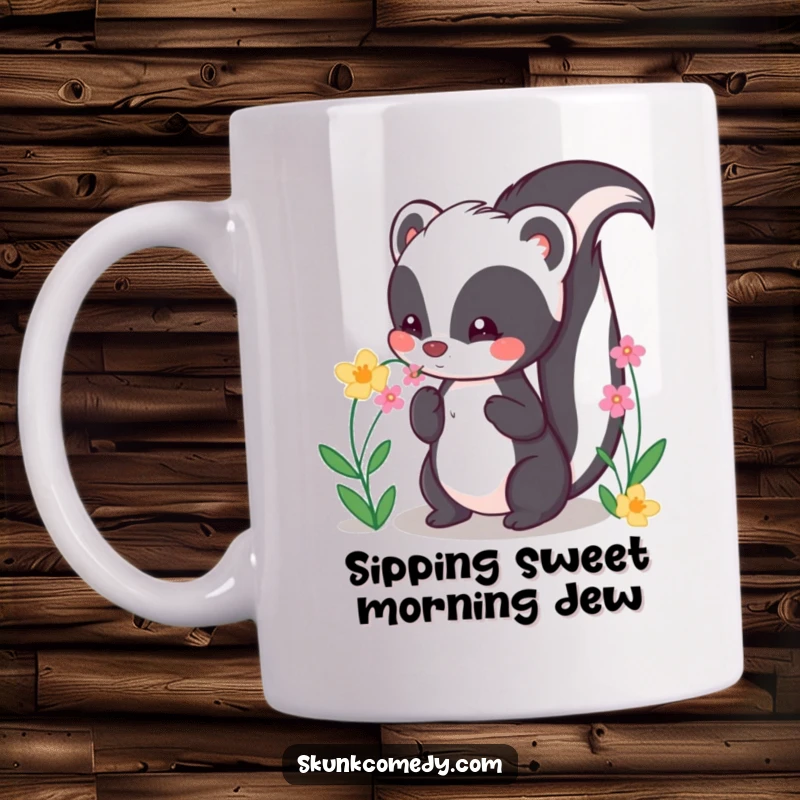 Funny Kawaii Skunk Mug featuring a cute skunk with tail high, happily sniffing vibrant flowers, radiating sweetness.