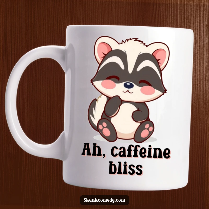 Funny Kawaii Skunk Mug with a contented sigh shown as soft puffs, embodying relaxation and peacefulness for gifting.