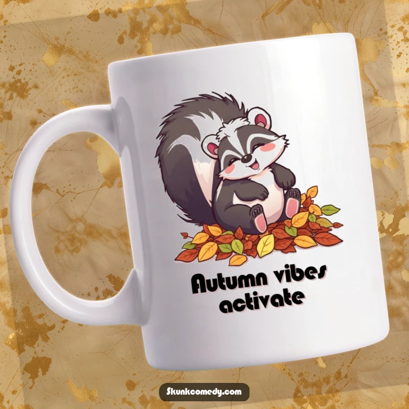 Funny skunk mug depicting a happy skunk playfully tumbling in a pile of colorful autumn leaves.