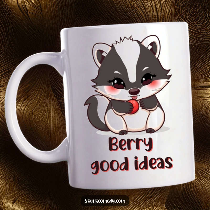 Funny skunk mug, determined expression, rolling a small berry, symbolizing focus and effort, a perfect funny gift.