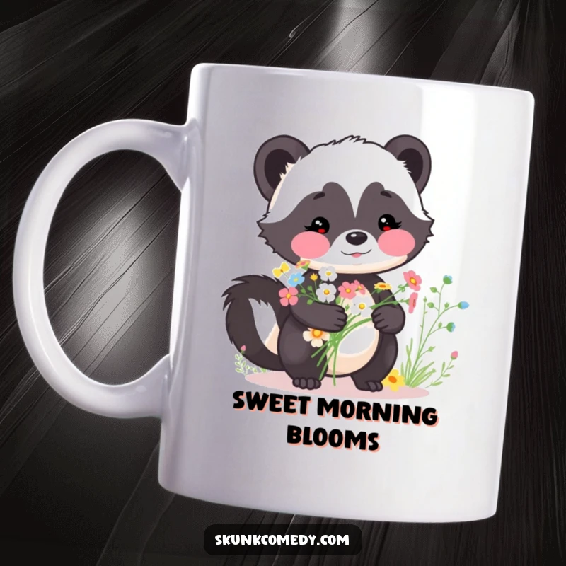 Funny skunk mug, rosy cheeks, holding a charming bouquet of wildflowers, adorable and sweet, a perfect funny gift for nature lovers.