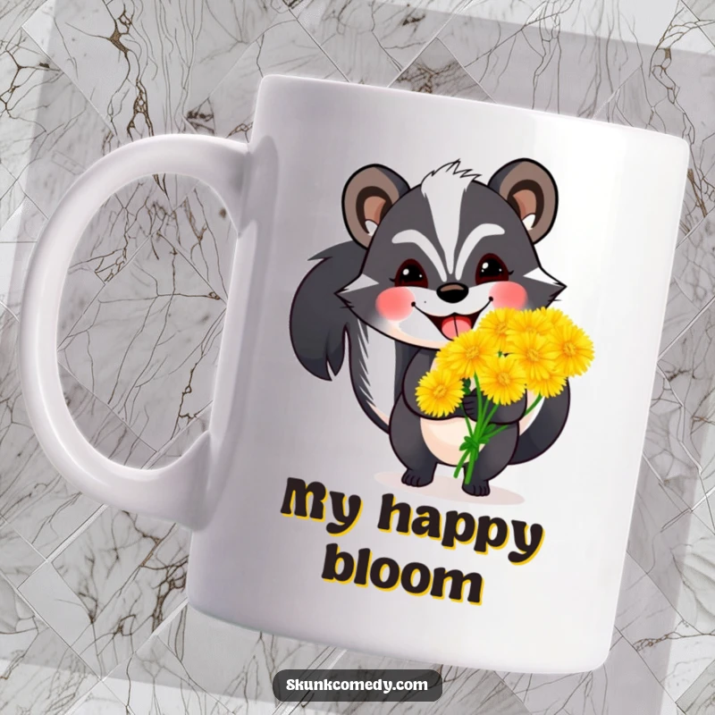 Funny skunk mug showing a happy skunk with a wide grin holding a large bouquet of oversized dandelions, radiating pure joy.