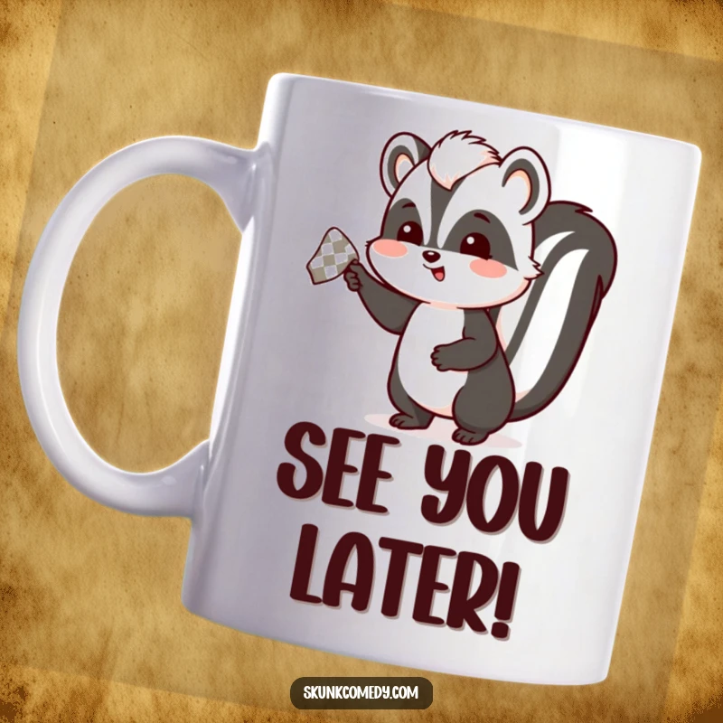 Funny skunk mug showing a skunk enthusiastically waving a small, checkered handkerchief, conveying a cheerful and humorous goodbye.