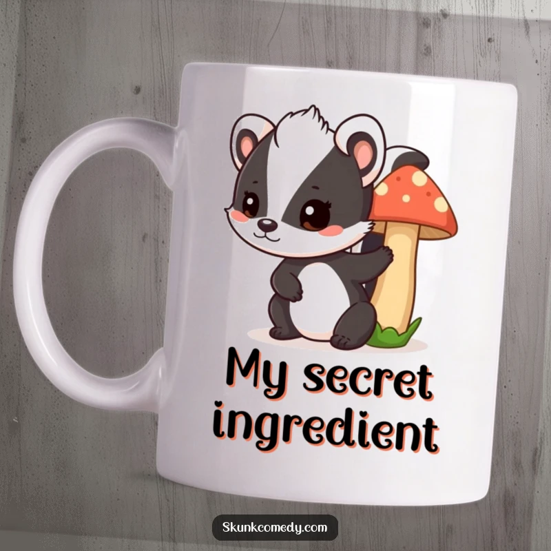 Funny skunk mushroom mug, a mischievous skunk peeks out playfully from behind a large mushroom, cute and humorous design.