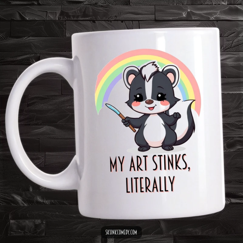 Funny skunk mug with a mischievous grin painting a bright rainbow across the sky, celebrating artistic joy and humor.