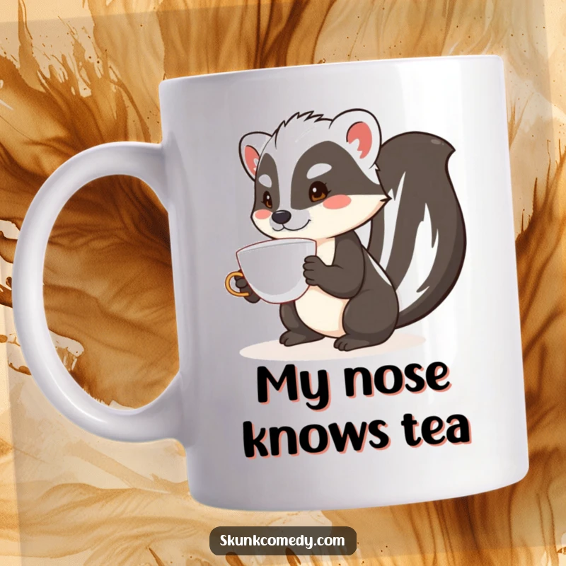 Funny skunk mug with a skunk attempting to balance a delicate teacup on its nose with intense concentration.
