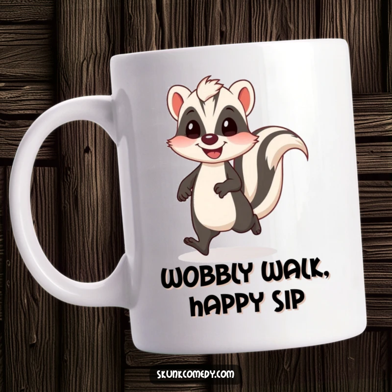 Funny skunk mug featuring a skunk doing a comical, wobbly walk with an unmistakable happy bounce.