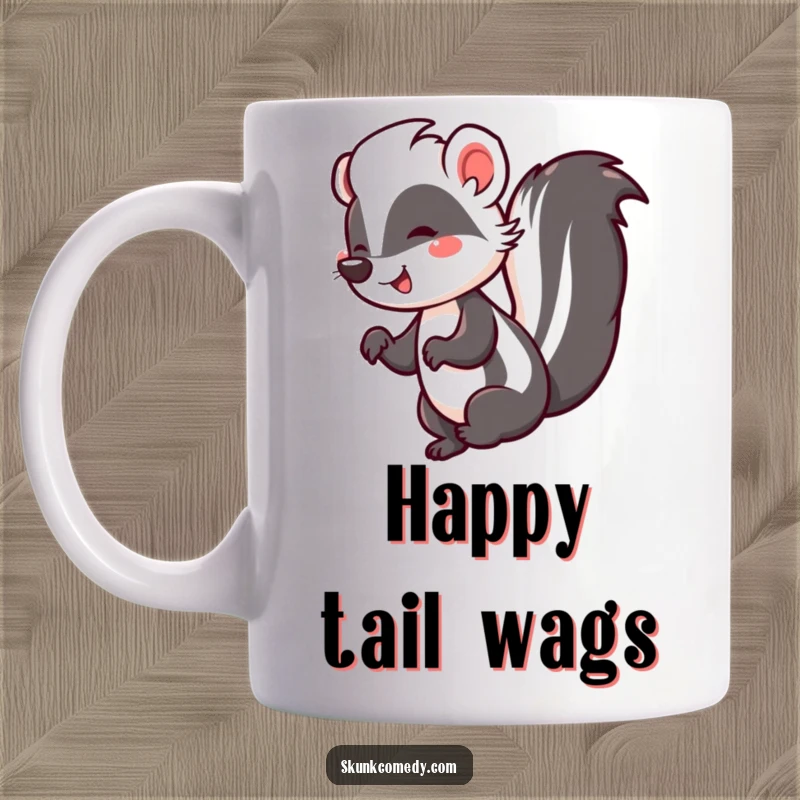 Funny mug featuring a joyful skunk doing a lively jig, its tail held high in a celebratory pose, radiating happiness.