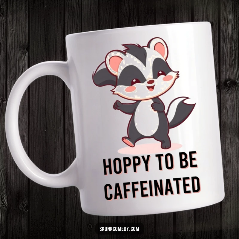 Funny Kawaii skunk mug depicting a joyful skunk hopping happily, spreading cheer and humor with its sweet expression.