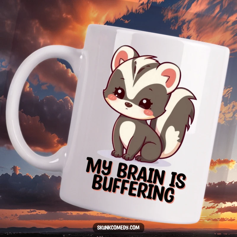 Funny Kawaii Skunk Mug with a tilted head, showing gentle curiosity and sweet innocence, perfect for gifting.